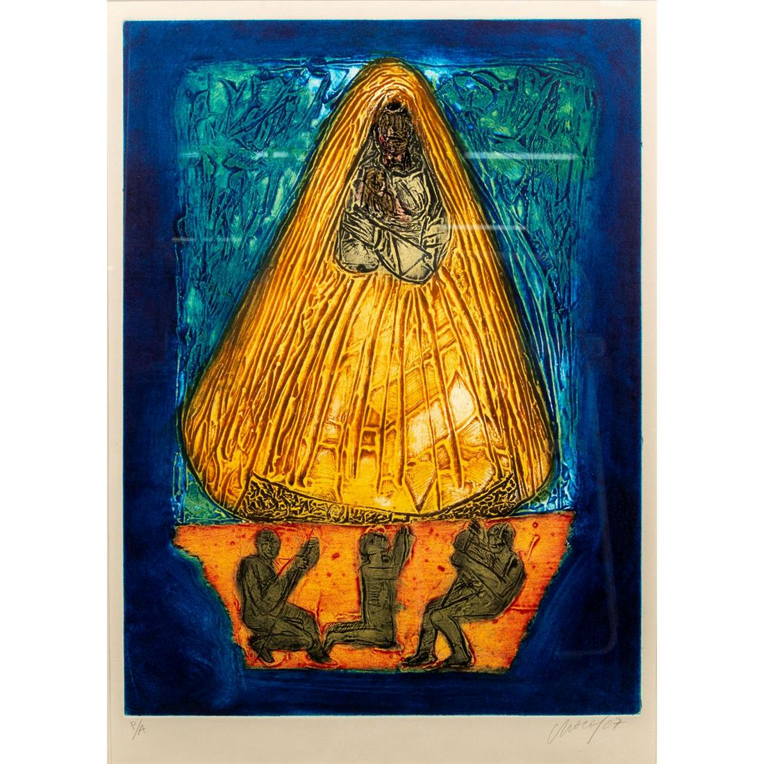 Choco, Eduardo Roca Salazar (Cuban b. 1949) Original: Stunning piece depicting The Little Virgin or Virgin of Charity with exquisite coloration of blues, greens and oranges. Edition P/C lower left. Signed Choco 07 lower right. Housed in gilt frame. Sight