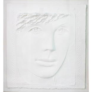 Frank Gallo (American b. 1933) Cast Paper Sculpture,: Portrait of a young girl. Housed in a black wooden frame. Sight size - 30.5"H x 29"W. Frame size - 46"H x 43"W. No signature. Medium: Cast Paper Sculpture Artist: Frank Gallo Dimensions: 43"W x 46"H