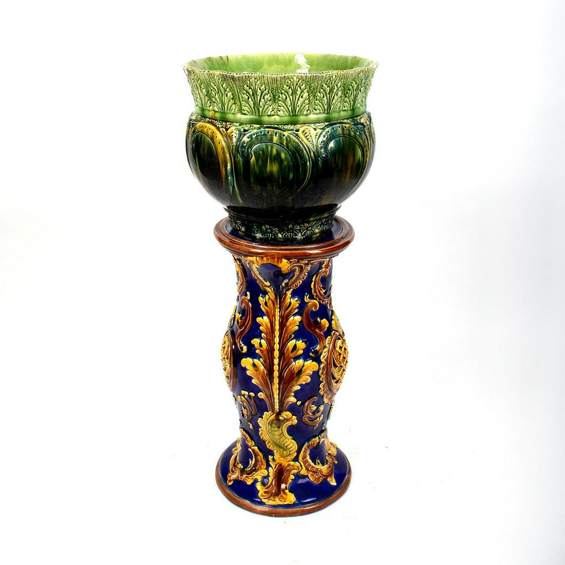 Circa 1900 Antique Majolica Jardiniere with Pedestal (1 of 6)