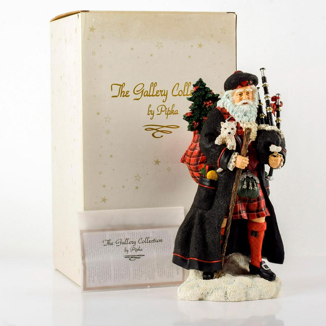 Pipka The Gallery Collection Figurine, Scottish Santa: Scottish Collection. Limited edition number 1276. Dressed in Tartan plaid and black cloak. With original box and certificate of authenticity. The Gallery Collection by Pipka backstamp. Figurine measur