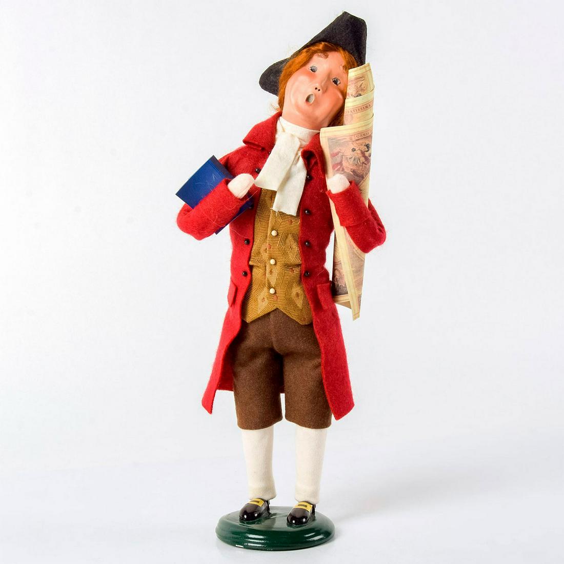 Byers Choice Figurine, The Carolers, Thomas Jefferson: Handcrafted Christmas figurine of Thomas Jefferson. Red jacket, black tricorn, brown pants and vest. Handcrafted clay face and hand-made clothes. Byers Choice backstamp. Age related wares. Overall goo