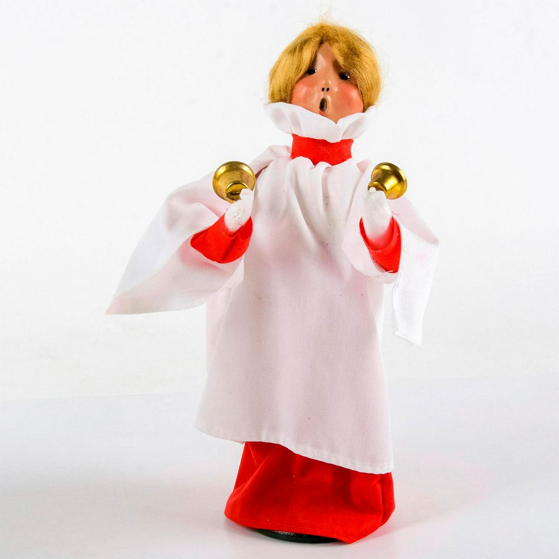Byers Choice Figurine, The Carolers, Bell Choir Girl: Handcrafted figure of a choir girl with two hand bells. Handcrafted clay face and hand-made clothes. Byers Choice backstamp. Age related wares. Overall good condition. #TheCarolers #ByersChoice Artist