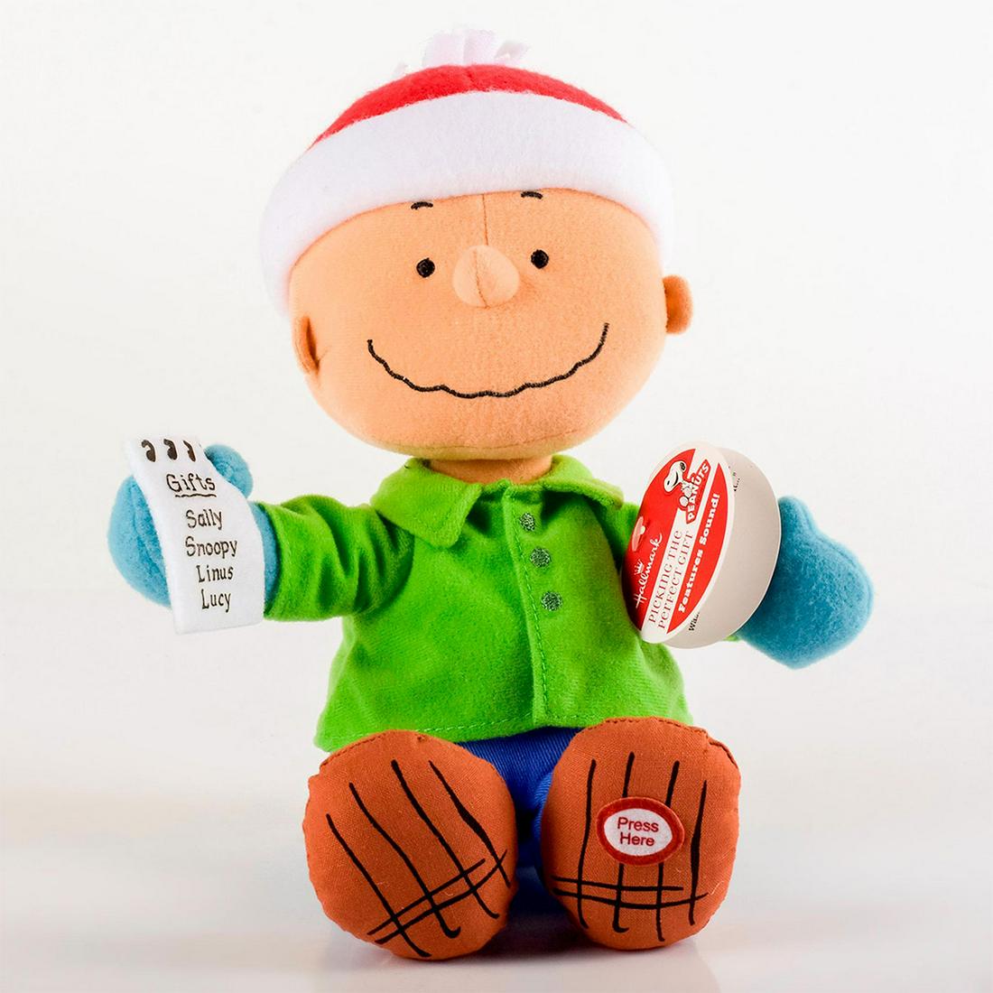 Hallmark, Charlie Brown Picking the Perfect Gift Plush: Talking Charlie Brown doll with his "Perfect Gift" list. Charlie Brown says "If picking out just the right gift wasn't so hard, I'd be better at it.." Good condition. Issued: 2011 Dimensions: 10"H Man