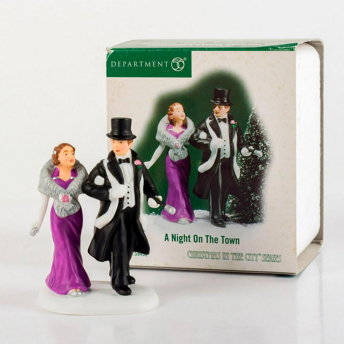 Department 56 Christmas Figurine, A Night on the Town: Hand painted porcelain figures. Gentleman in black formal black formal tuxedo and lady in purple gown. Comes in box. Department 56 backstamp. "Christmas in the City" series. Box measurements - 2.5"H x