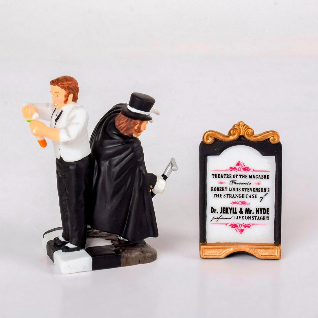 Department 56 Figurine, Dickens Village Dr.Jekell &: Jekyll and Hyde are representing good and evil in black and white with a self standing sign. Department 56 impressed on the bottom. With original box. #department56 #allhallowseve #christmas Issued: 2