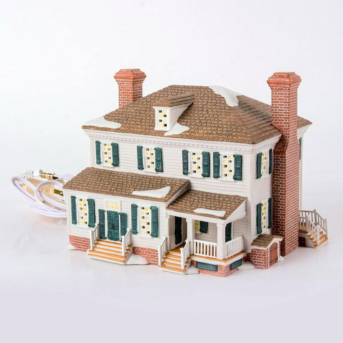 Department 56 Lighted Figure, Taliaferro Cole House: Handpainted porcelain; depicts famous property of coachmaker Charles Taliaferro. Comes with switched cord and bulb. With original box. Department 56 backstamp. Bulb appears functional, but no guarante