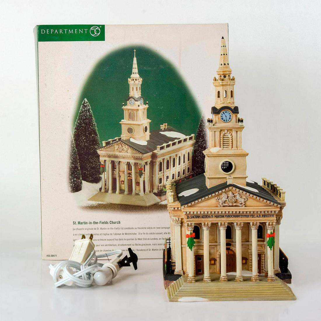 Department 56 Figure, St. Martin-in-the-Fields Church: Handpainted porcelain; comes with switched cord and bulb. Dickens' Village Series. Item number 5658471. With original box. Department 56 backstamp. Bulb appears functional, but no guarantee. Figure me