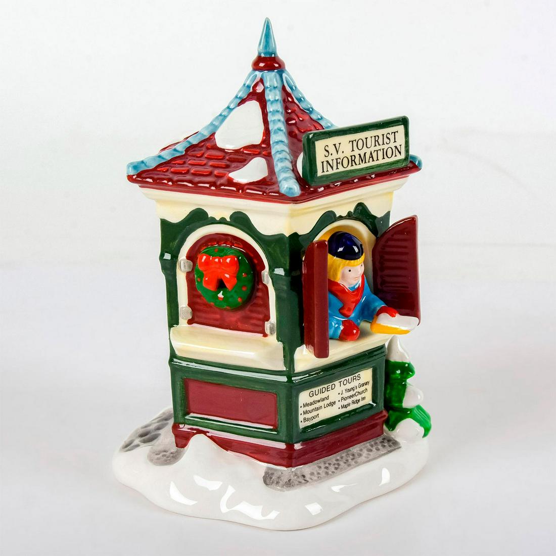 Department 56 Figure, Tour The Village 54526: The Original Snow Village series. Handpainted ceramic, man running a tourist information booth. With original box. Department 56 backstamp. Good condition. #department56 #christmas Issued: 1993 Dimens
