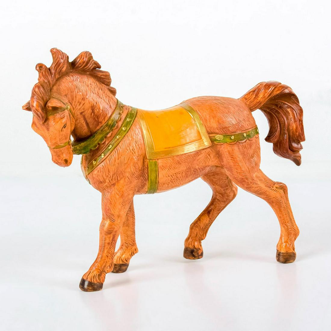 Roman Fontanini Figurine, Brown Horse 72527: Heirloom Nativity series. Hand painted; gold and bronze tinted saddle and bridle. With original box. Fontanini backstamp. Good condition. #roman #fontanini #nativity #horse Artist: Elio Simonetti Issu