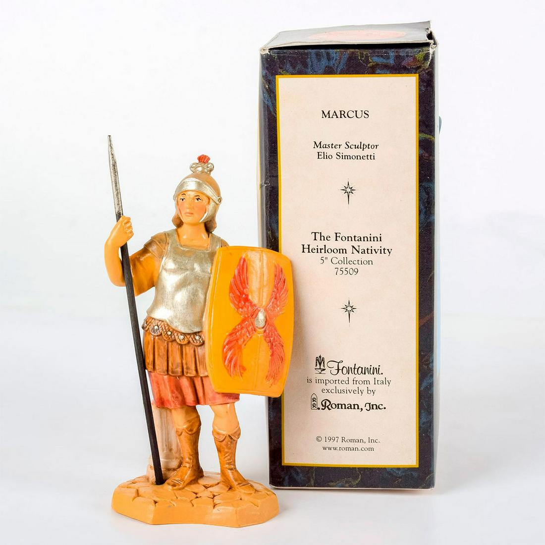 Roman Fontanini Figurine, Marcus 75509: Heirloom Nativity series, hand painted. Young Roman legionary holding a javelin and spear. With original box. Fontanini backstamp. Figurine in good condition; wear to box. #roman #fontanini #nativity 