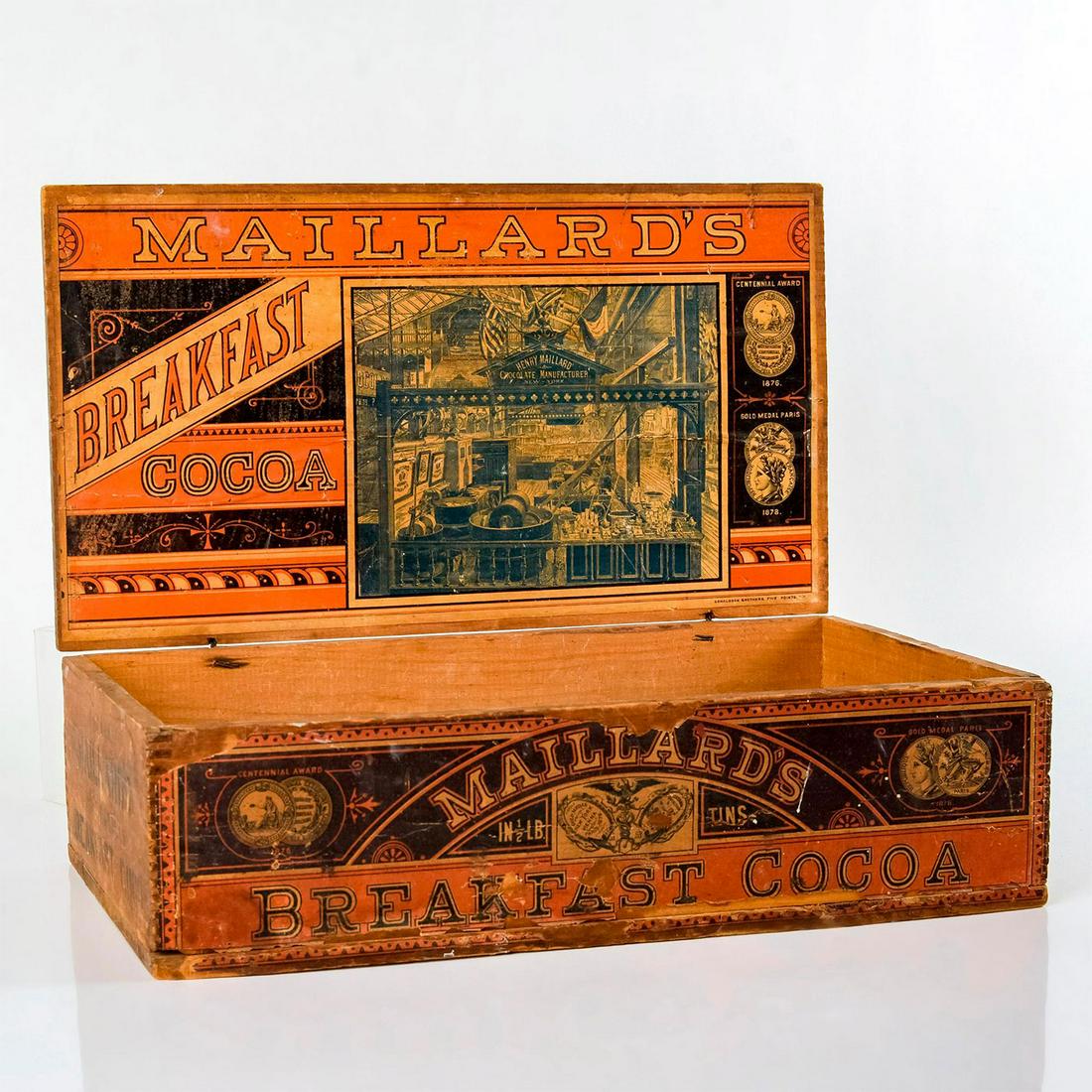 Antique Maillard's Breakfast Cocoa Wooden Crate: Dovetail joints, metal hinges on lid, lithographed advertising panels on front and underside of lid. Crate is empty; would have held 10 pounds of breakfast cocoa in half pound tins. Panels reference 1