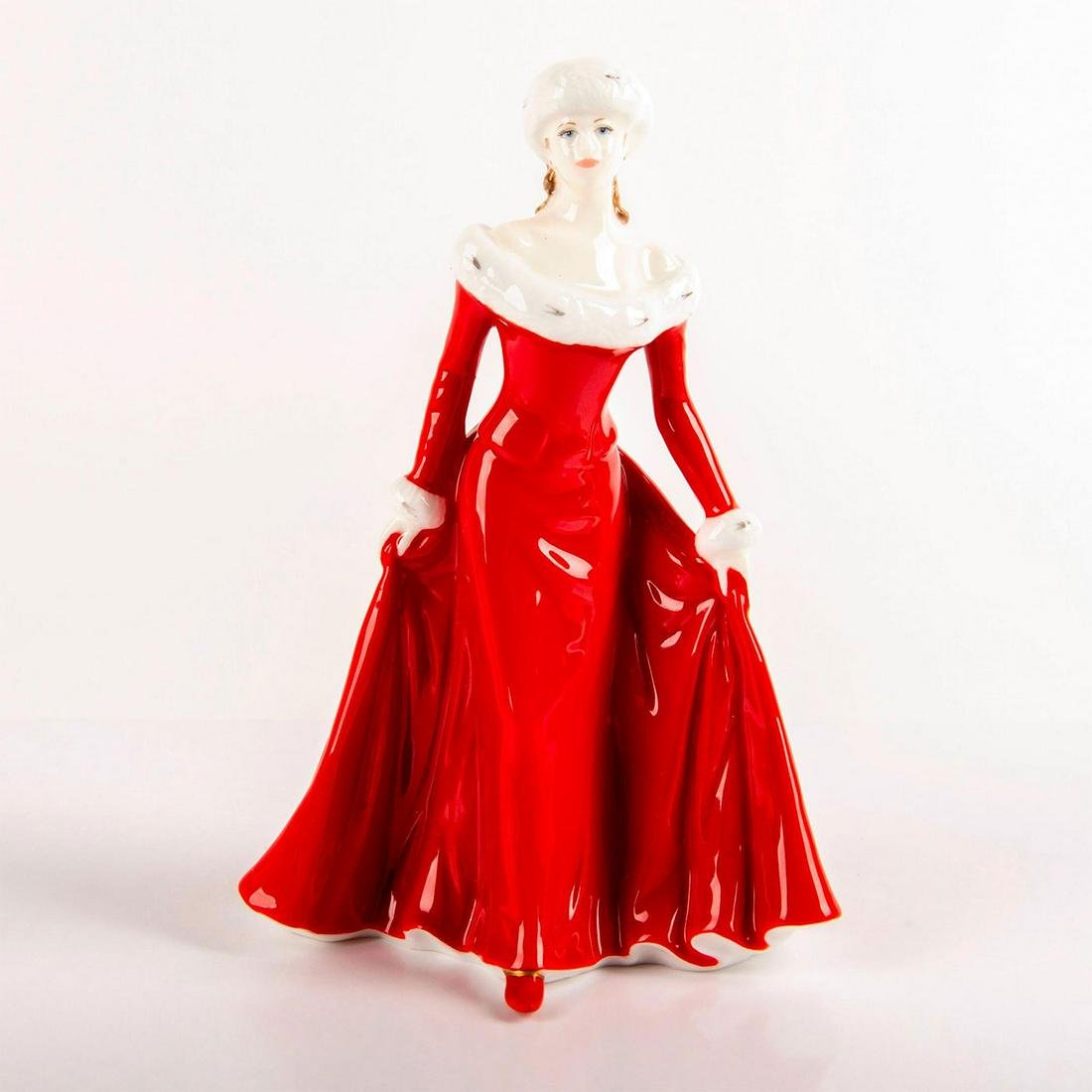 Royal Doulton Figurine, A Winter's Walk HN4690: Fine Bone China. She wears an off-shoulder red dress with fur trim and matching hat. Royal Doulton backstamp. Commissioned by Compton & Woodhouse. Limited edition number 364 of 7500. Artist: J. Bromle