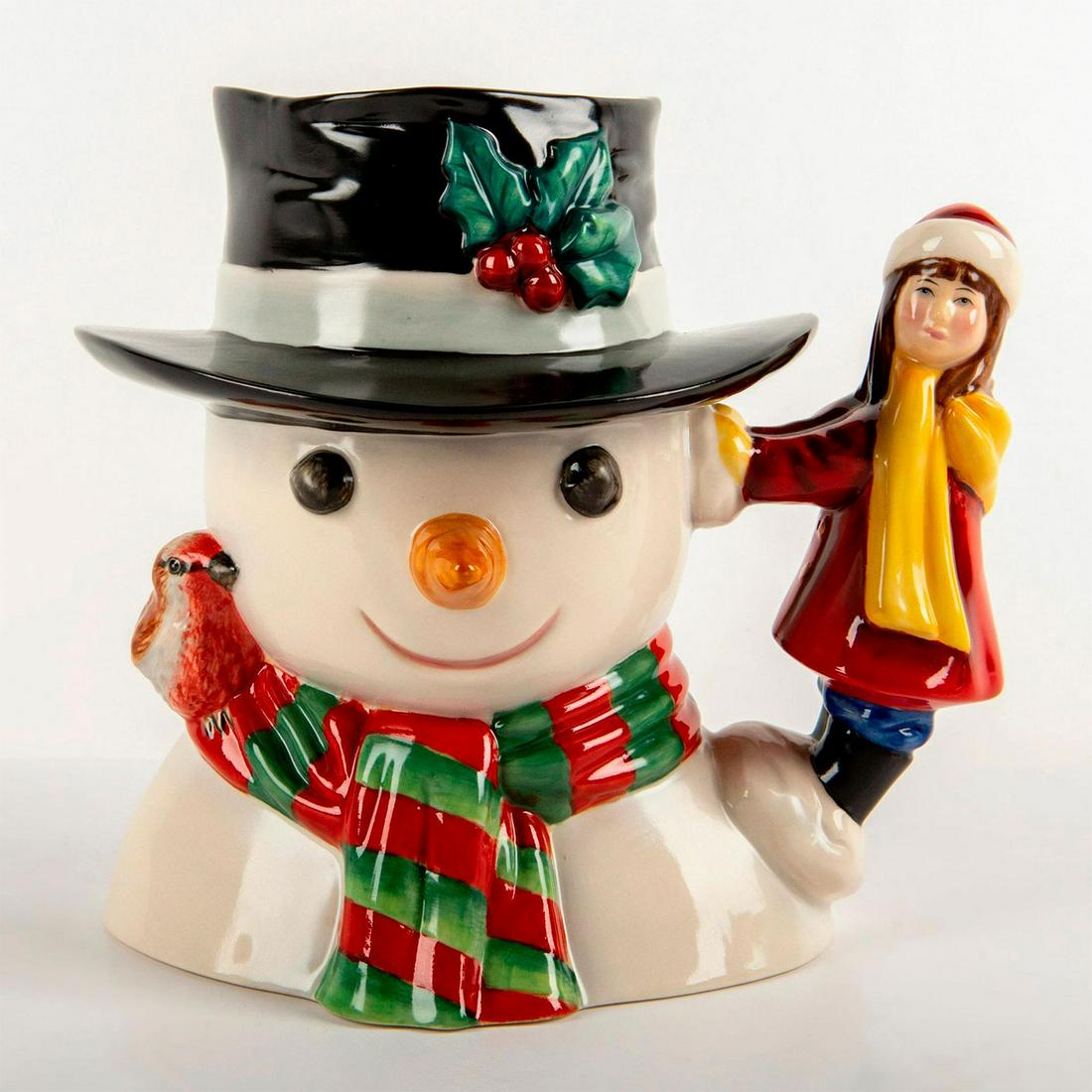 Snowman with Little Girl Handle D7241 - Royal Doulton: Style Six. White, red, blue, and yellow. Artist: Robert Tabbenor Issued: 2005 Dimensions: 6.5"H Edition Number: 417 Edition Size: 500 Manufacturer: Royal Doulton Country of Origin: England
