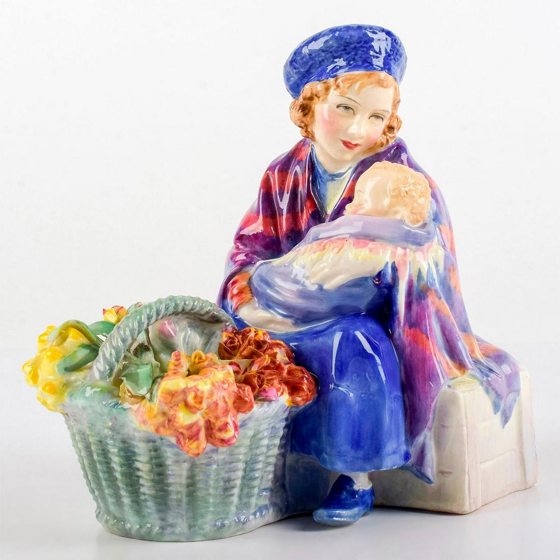 Royal Doulton Figurine, Curly Knob HN1627: A seated mother with her child in purple, blue and red coat with a basket of delicate red and yellow flowers in front of them. Royal Doulton backstamp. One flower leaf petal broken. #mother #curlyknob