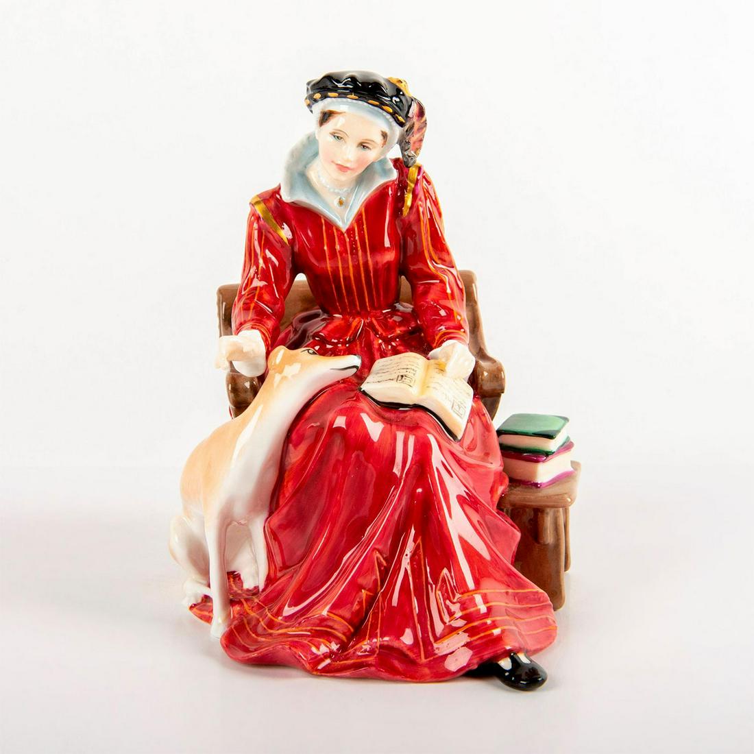 Royal Doulton Figurine, Catherine Parr HN3450: Wives of King Henry VIII. Highly detailed; red coloration with gilt accents. Doulton backstamp. #figurine Issued: 20th c. Dimensions: 6"H Manufacturer: Royal Doulton Country of Origin: England