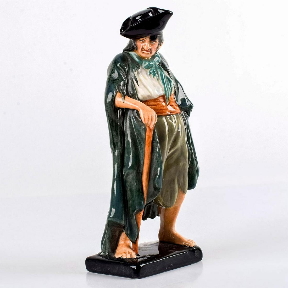 Royal Doulton Figurine, The Beggar HN2175: Older, barefoot man wearing dark blue, ragged over coat with olive green slacks, orange waistband and white shirt with black hat. Royal Doulton backstamp. Good condition. #Doultonbegger #royaldoulton 