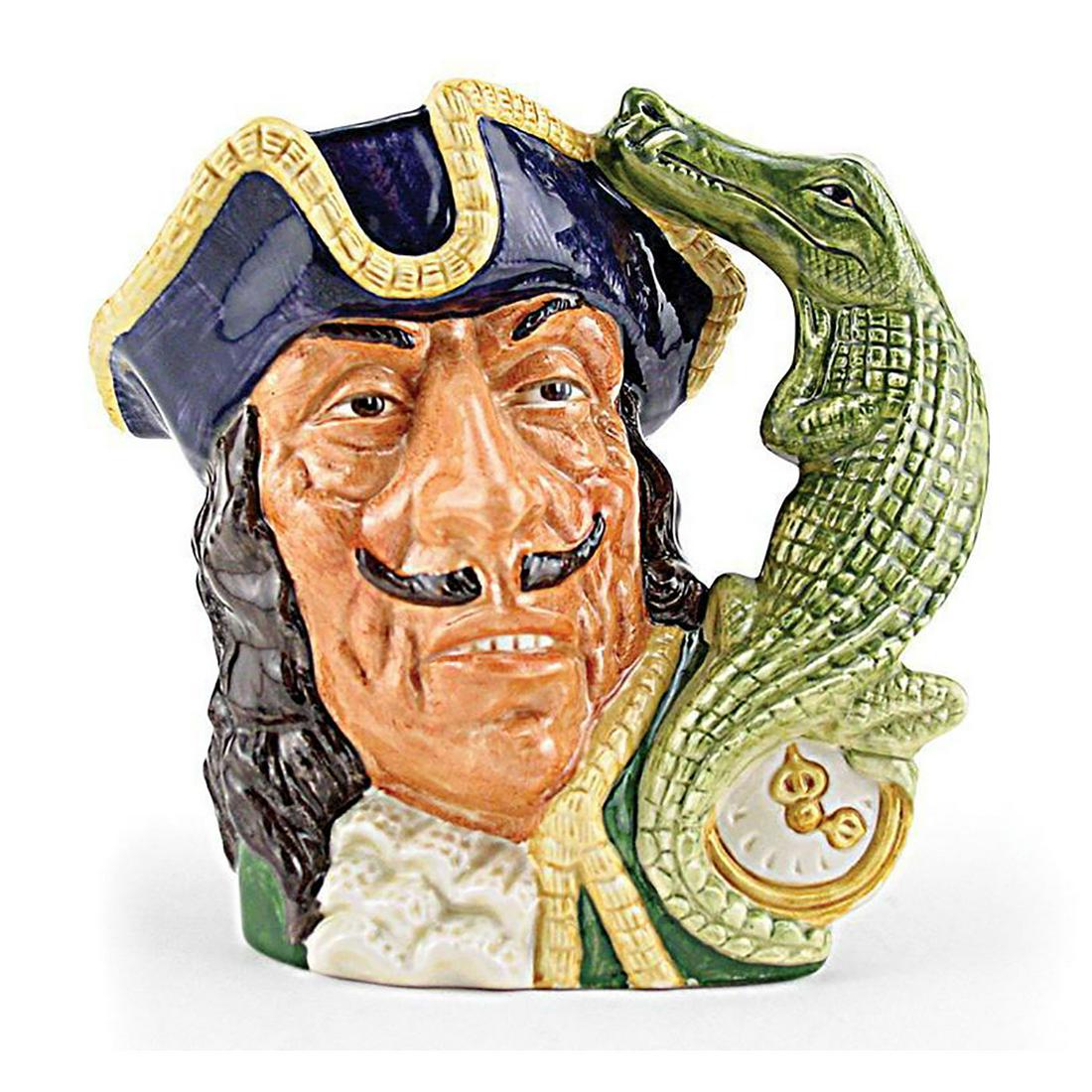 Capt Hook Old D6597 - Large - Royal Doulton Character: Royal Doulton Character Jug, Capt Hook Old D6597 (blue tricorn trimmed with yellow, green coat trimmed with yellow, white ruffles at the neck). Designed by Max Henk and David B. Biggs, issued 1965 - 1