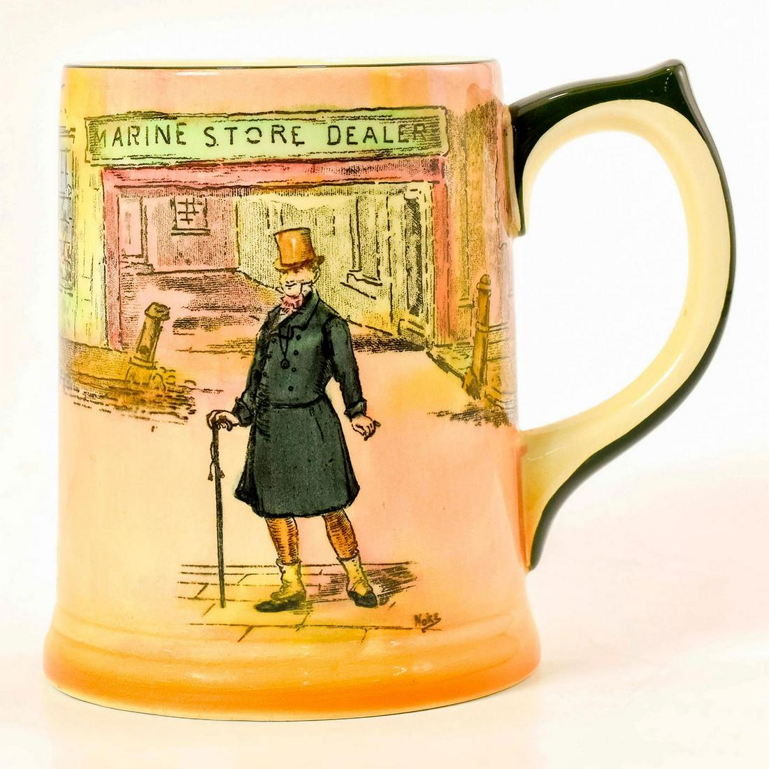 Royal Doulton Dickens Series Ware Tankard, Mr. Micawber: Seriesware; scene depicts Mr Micawber from Dickens' novel David Copperfield. Green, brown and cream coloration. Royal Doulton Dickens Ware backstamp. Age related crazing. #tankard Issued: 20th c. Dime