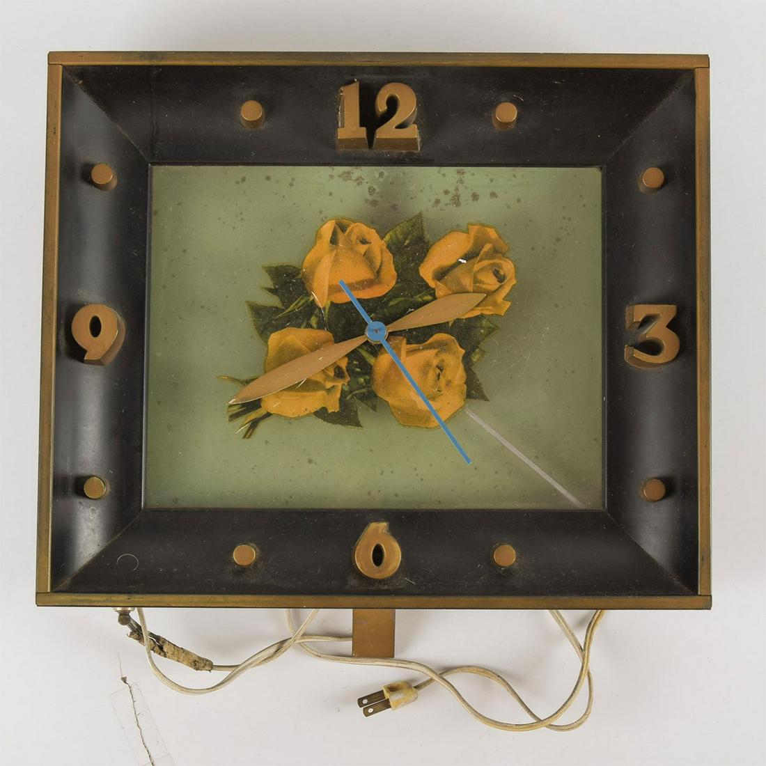Vintage Four Roses Bourbon Distillery Electric Wall: Mid-Century design with lighted case and electric movement, hand painted with Four Roses Bourbon Logo. Tested working, lighting can switch between off, 1, 2, or both lights simultaneously. Movement ru