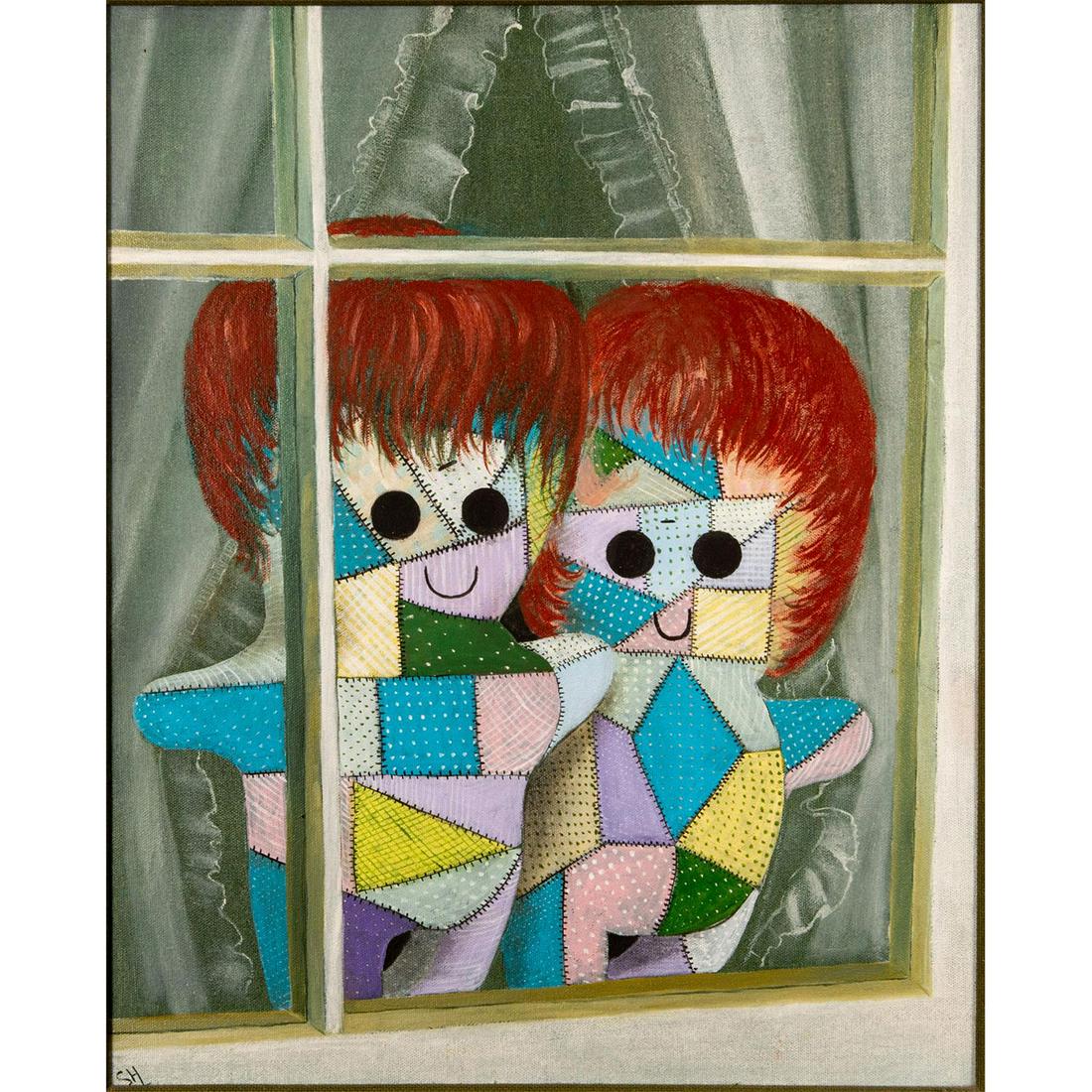 Acrylic Painting, 2 Patchwork Dolls on Window Stool (1 of 5)