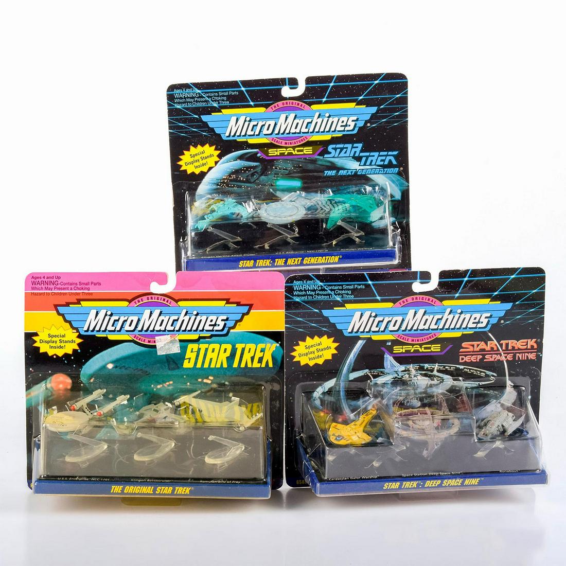 3 Piece Star Trek Micro Machines Galoob ship models: Sealed in package set/s of Star Trek ships, fully decorated. Star Trek TOS, Star Trek TNG, and Star Trek DS9 era ships and stations, with stands, sealed in box. #StarTrek #Micromachines #collectibles