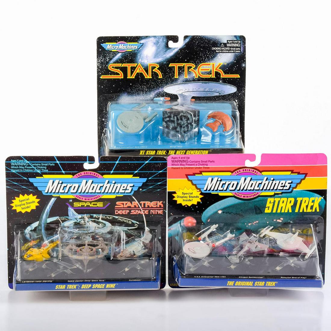 3 Piece Star Trek Micro Machines Galoob ship models: Sealed in package set/s of Star Trek ships, fully decorated. Star Trek Deep Space 9, Star Trek The Original Series, and Star Trek TNG era micromachines models sealed in box, originals. #StarTrek #Micr
