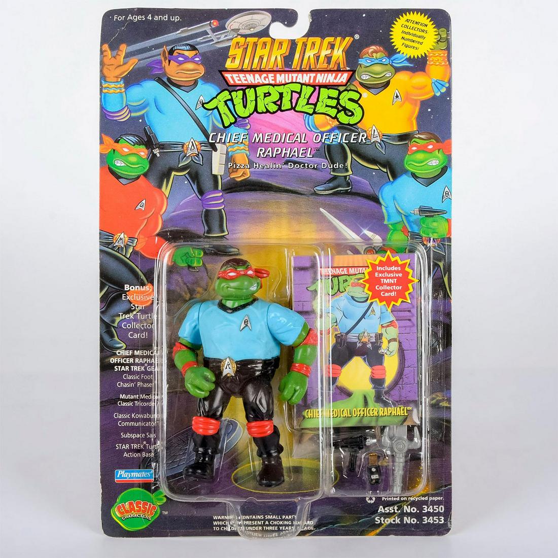 Star Trek: Teenage Mutant Ninja Turtles Action Figure: Sealed in Box Chief Medical Officer Raphael with Collector Card and Accessories. Ninja Turtles dressed in Star Trek uniforms! Who can resist. Chief Medical Officer Raphael is the Pizza Healin' Doctor 