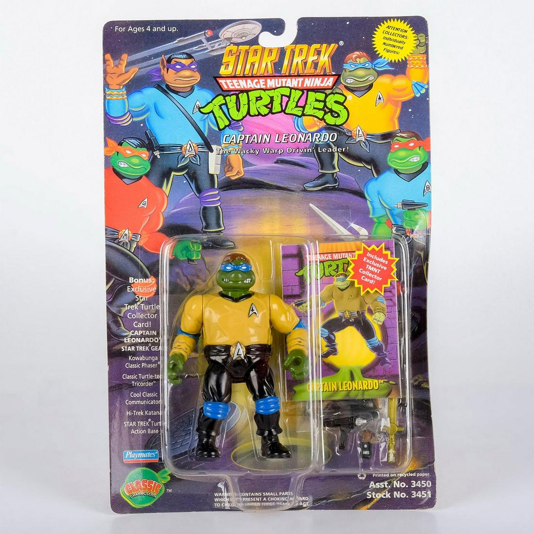 Star Trek: Teenage Mutant Ninja Turtles Action Figure: Sealed in Box Captain Leonardo with Collector Card and Accessories Ninja Turtles dressed in Star Trek uniforms! Who can resist. Captain Leonardo is the Wacky Warp Driven Leader! The former leader of t