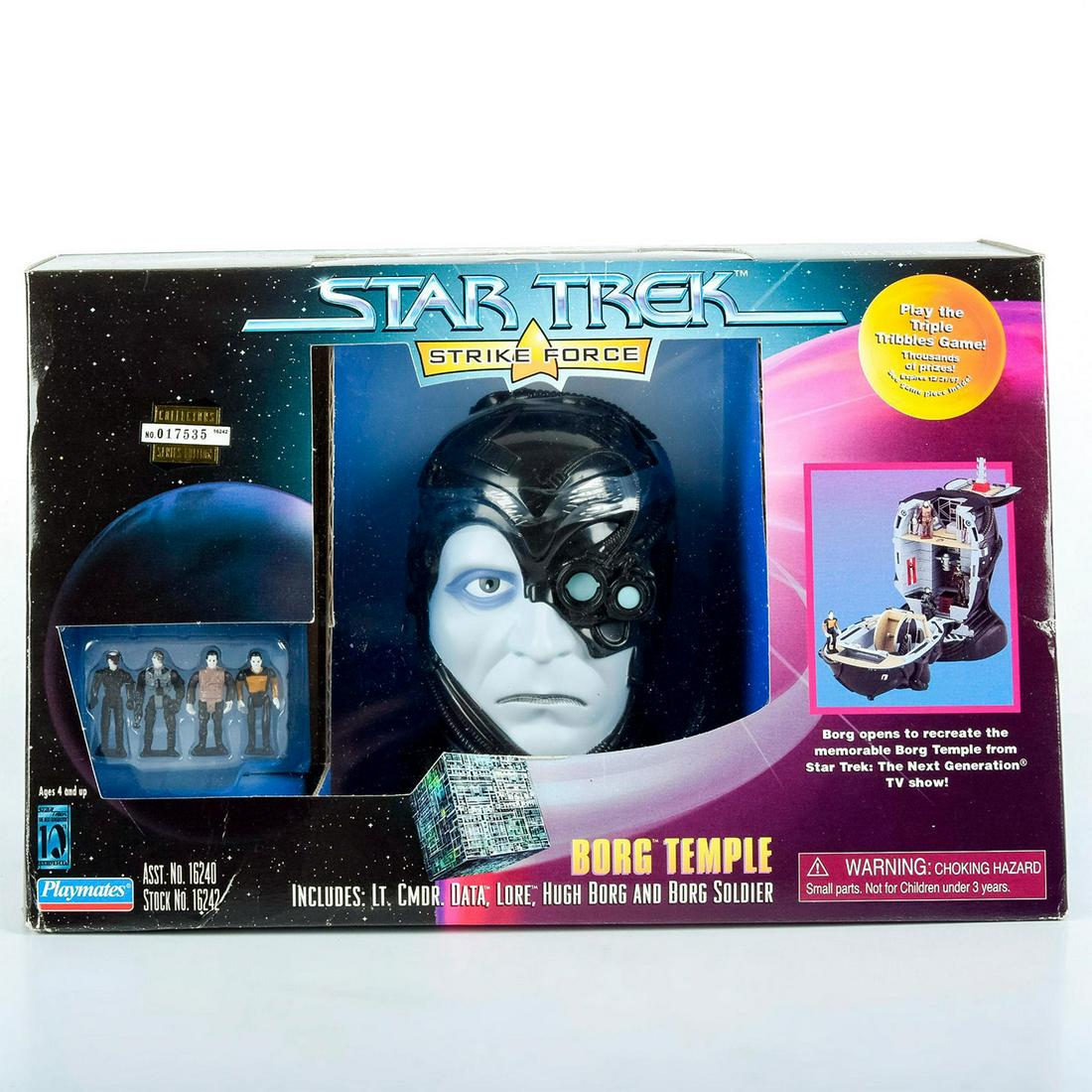 Collectors Series Edition Mini Star Trek Strike Fore: Star Trek Playset with Action Figures This is an authentic Borg soldier that opens to reveal the Heart of the Borg Temple. Includes 4 Mini Articulated action figures: Lt. Commander Data, Lore, Hugh Bo