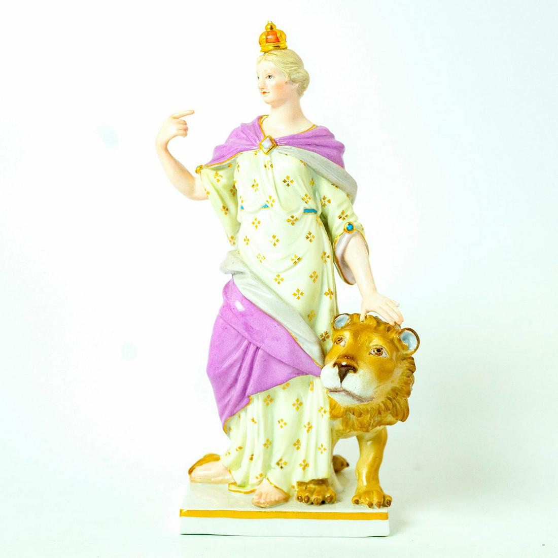 Rare Vintage Meissen Porcelain Figurine, Lion Queen: Royally dressed woman in purple, yellow and gold with small crown. Beside her is standing a large male lion on a base. Meissen backstamp. Damaged fingers to both hands. Small chip to tip of crown. Dim