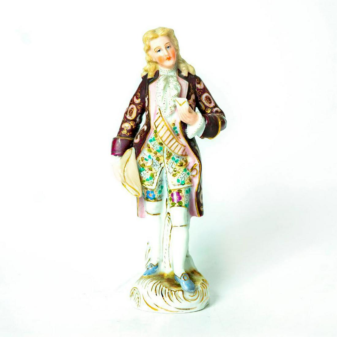Vintage German Porcelain Figurine, Love Letter: Man with love letter in hand. Hand painted porcelain; finely detailed floral design; gilt accents. Dimensions: 5.25"H Issued: 20th c. Country of Origin: Germany