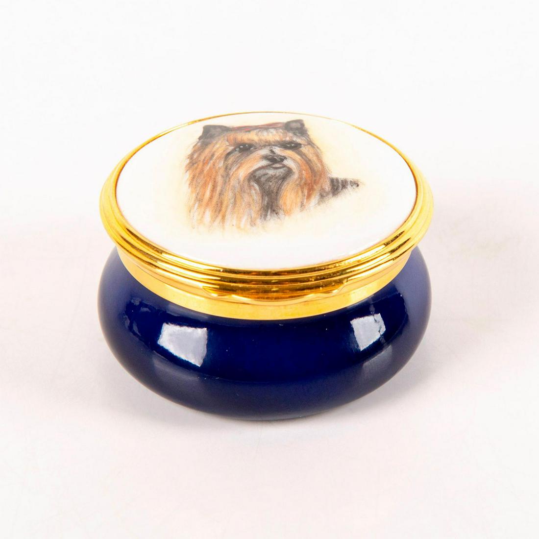 Royale Stratford Handpainted Pill Box, Yorkshire: Blue enamel pill box with handpainted Yorkie on white background and gold rim. Royale Stratford backstamp. Artist signed. #royalestratford #yorkie #pillbox Issued: 20th c. Dimensions: 1"H x 1.75" dia
