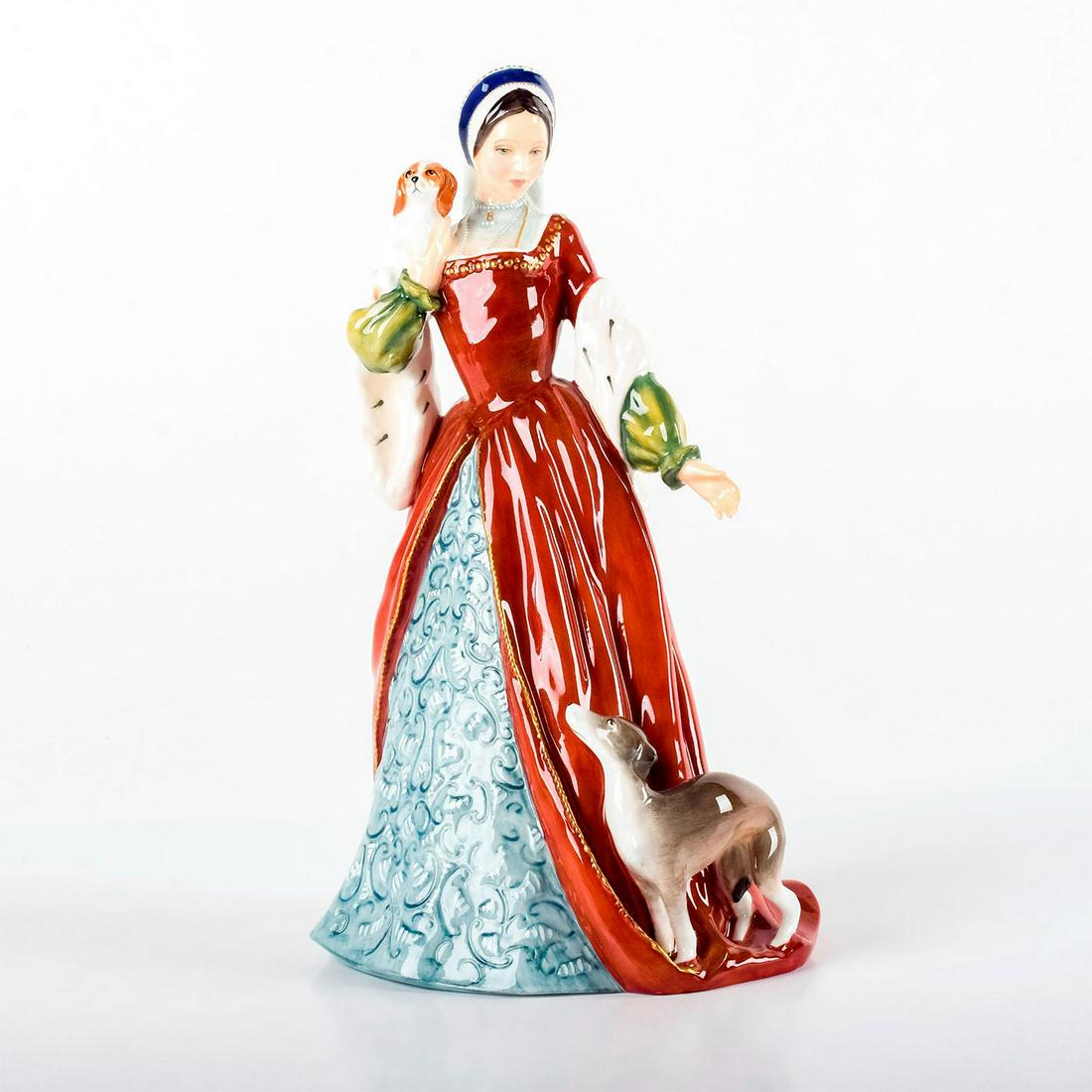 Anne Boleyn HN3232 - Royal Doulton Figurine: Glossy finish, highly-detailed. Modeled as Queen of England second wife of King Henry VIII. Anne is dressed in her royal red gown with white fur cuffs, meticulously detailed blue-gray petticoat, and f