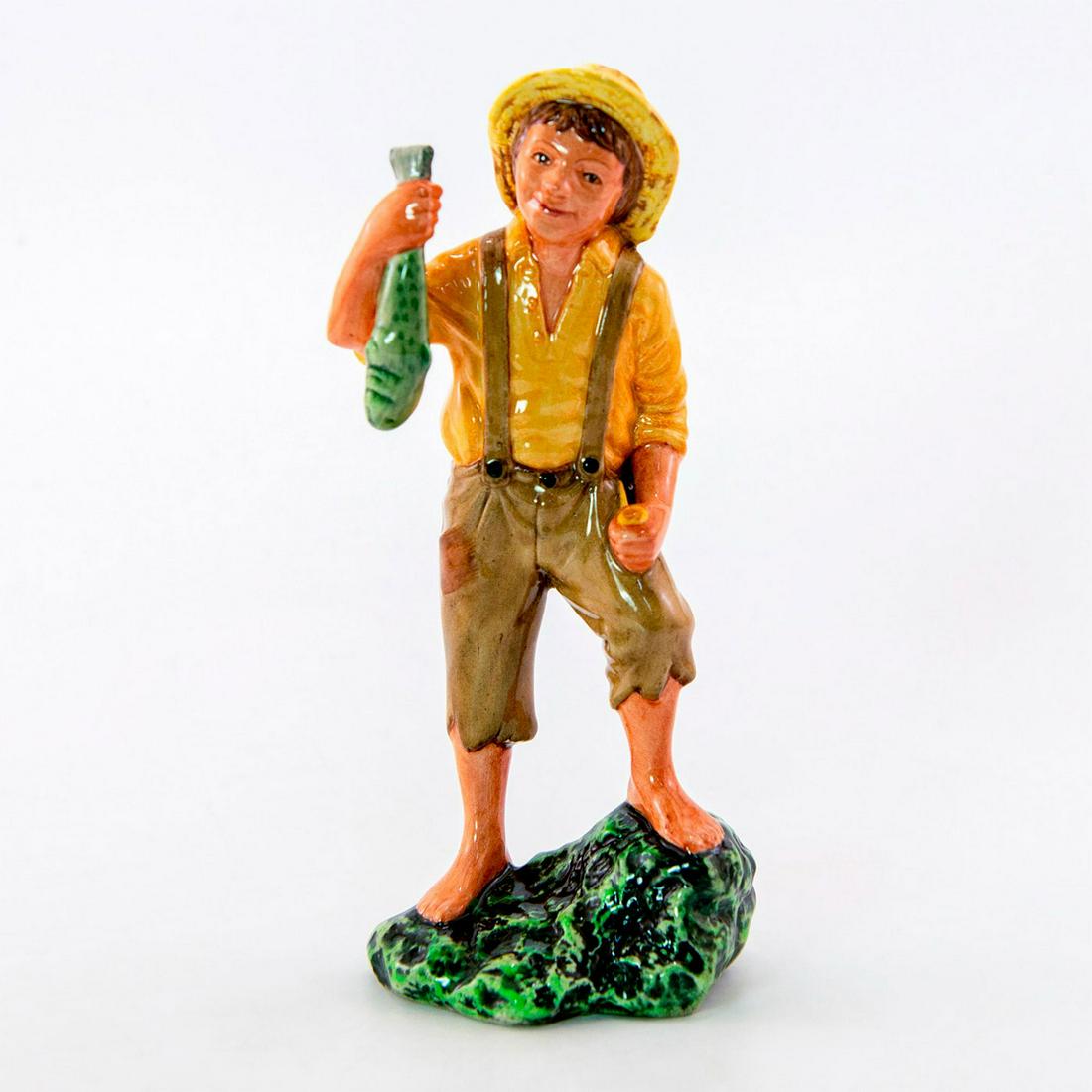 Huckleberry Finn HN2927 - Royal Doulton Figurine: Depicts the iconic character from Mark Twain's novel. In a yellow shirt and brown pants, holding a fish. Series: Children's Literature. Royal Doulton backstamp. Artist: David Lyttleton Issued: