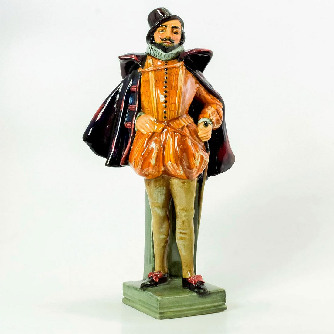 Royal Doulton Figurine, Sir Walter Raleigh HN1751: Hand decorated glossy Earthenware. Modeled as one of the most colorful characters in English history. Hand painted green HN. Royal Doulton backstamp. Issued: 1936 - 1949 Dimensions: 11.75"H Manufactur