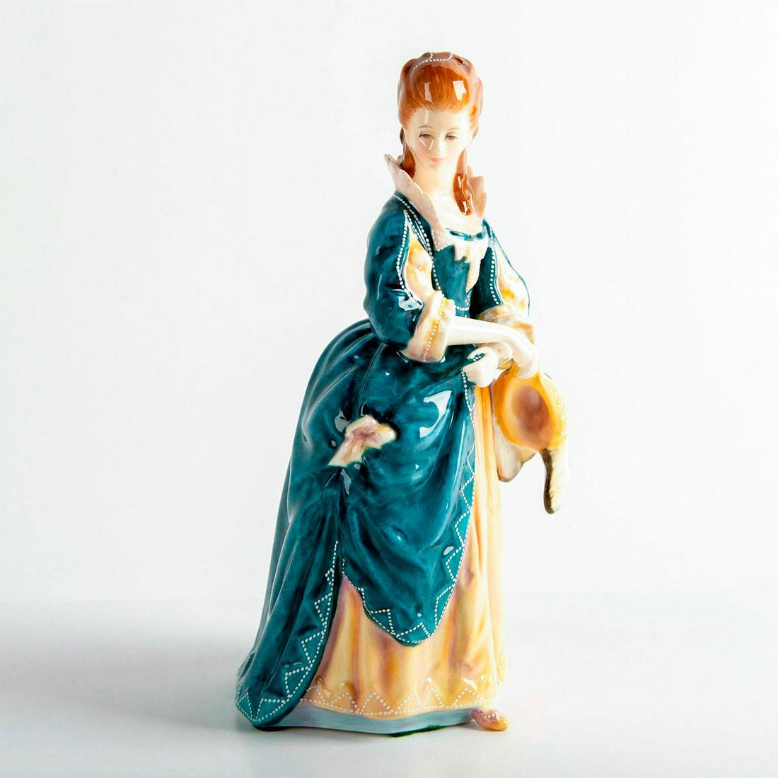 Honourable Frances Duncombe HN3009 - Royal Doulton: Limited edition 1124 of 5000. Glazed bone china figure; Woman dressed in yellow dress; with blue accented coat; holding yellow and brown hat. Royal Doulton backstamp. Artist: Peter Gee Issued: 1991 Di