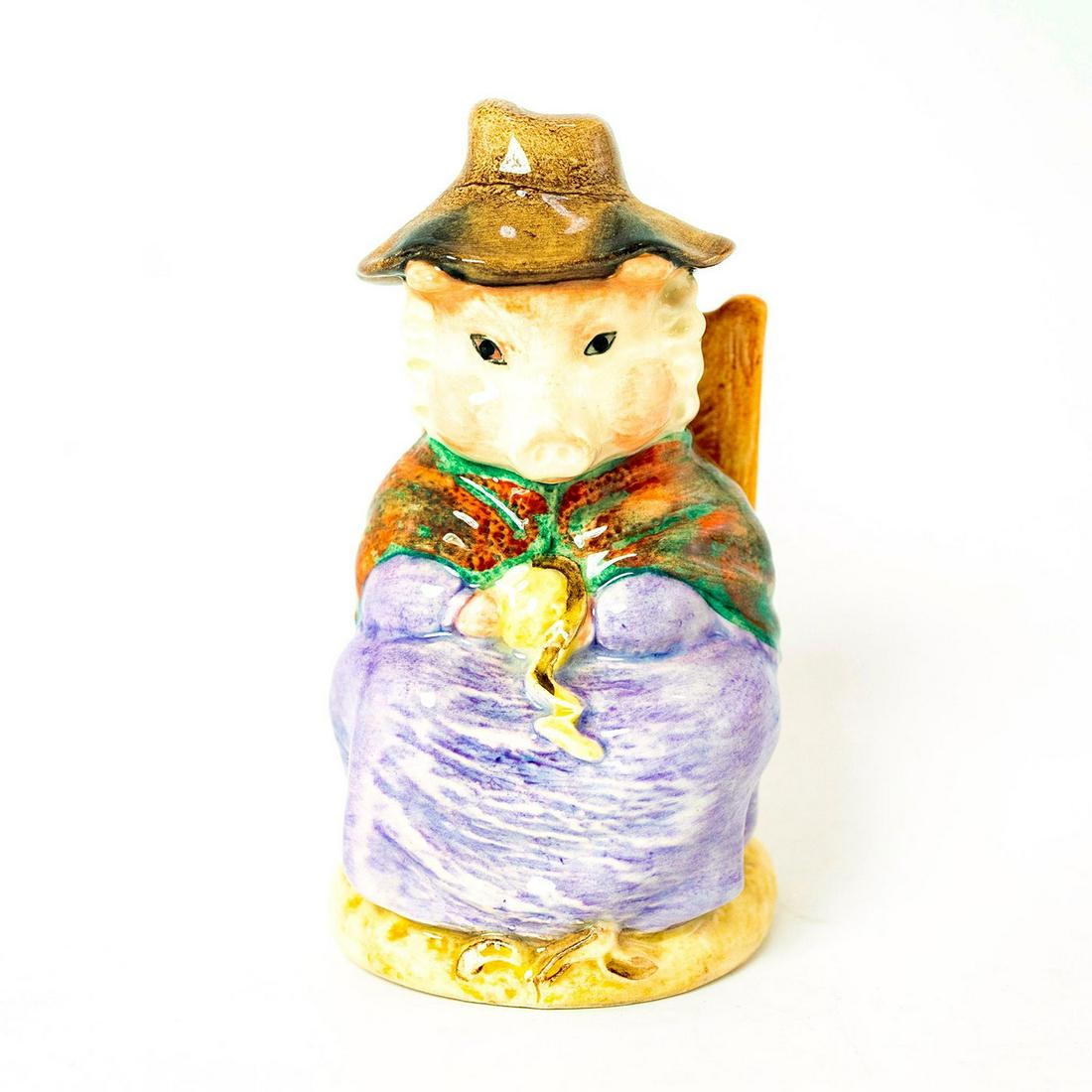 And This Pig Had None - Royal Albert - Beatrix Potter: Royal Albert Backstamp. Mauve dress, mottled burgundy and green shawl, brown hat. Artist: Martyn Alcock Issued: 1992 - 1998 Dimensions: 4''H Manufacturer: Beswick Country of Origin: England