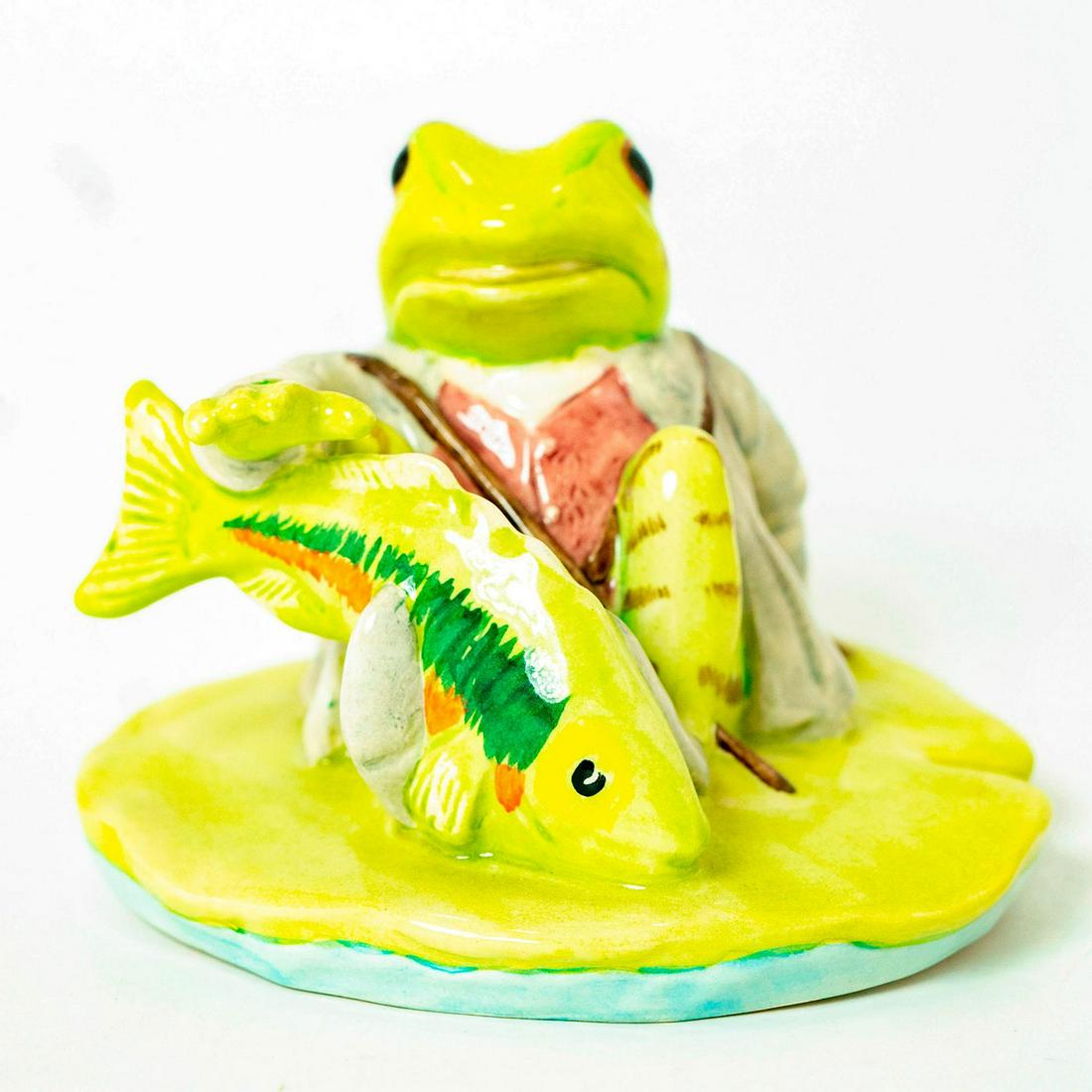Jeremy Fisher Catches a Fish (Without V Cut) - New: New Beswick backstamp. Artist: Martyn Alcock Issued: 1999-2002 Dimensions: 3"H Manufacturer: Beswick Country of Origin: England