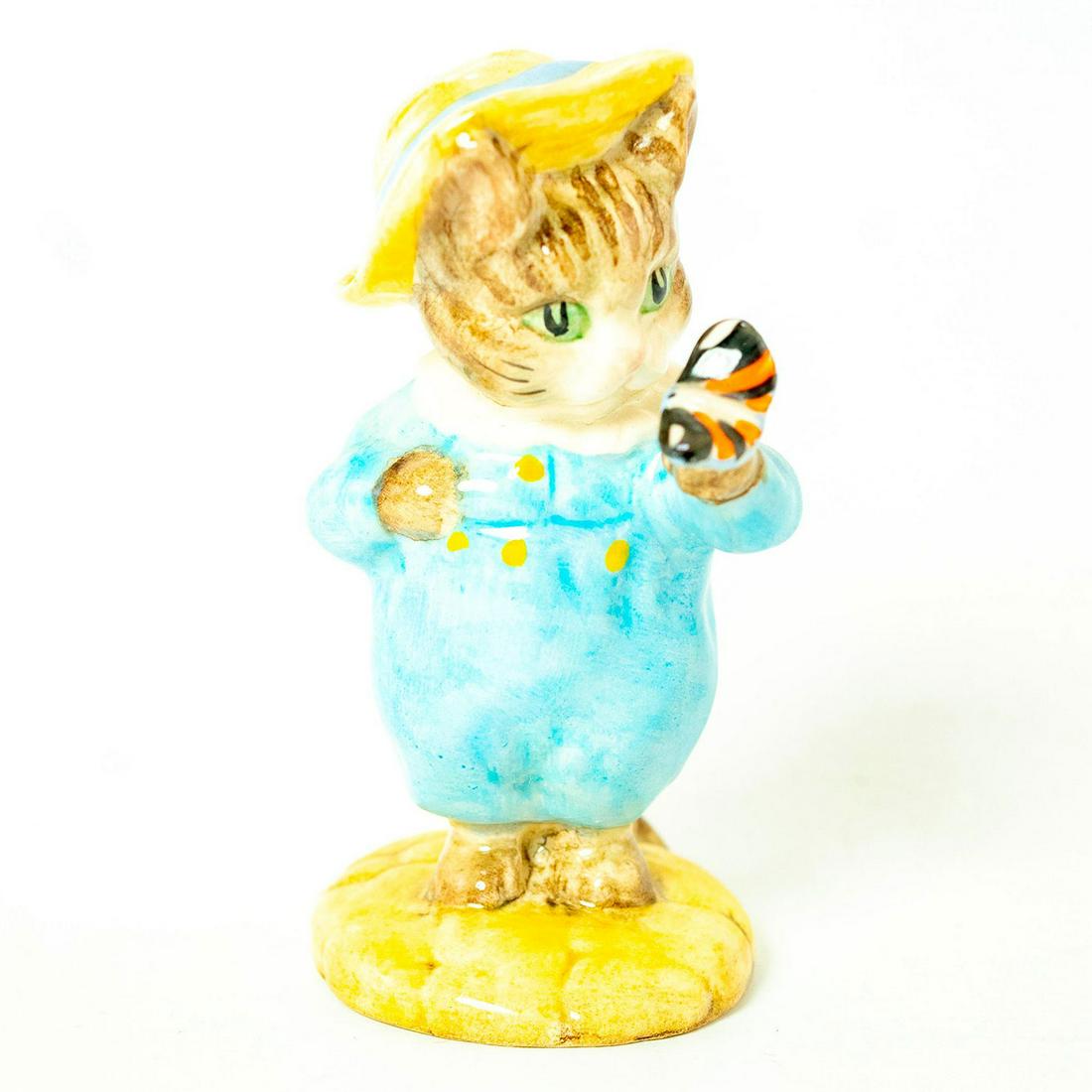 Tom Kitten and Butterfly - Beswick - Beatrix Potter: Beswick Backstamp. Blue outfit, yellow hat. Artist: Ted Chawner Issued: 1987 - 1994 Dimensions: 3.5''H Manufacturer: Beswick Country of Origin: England