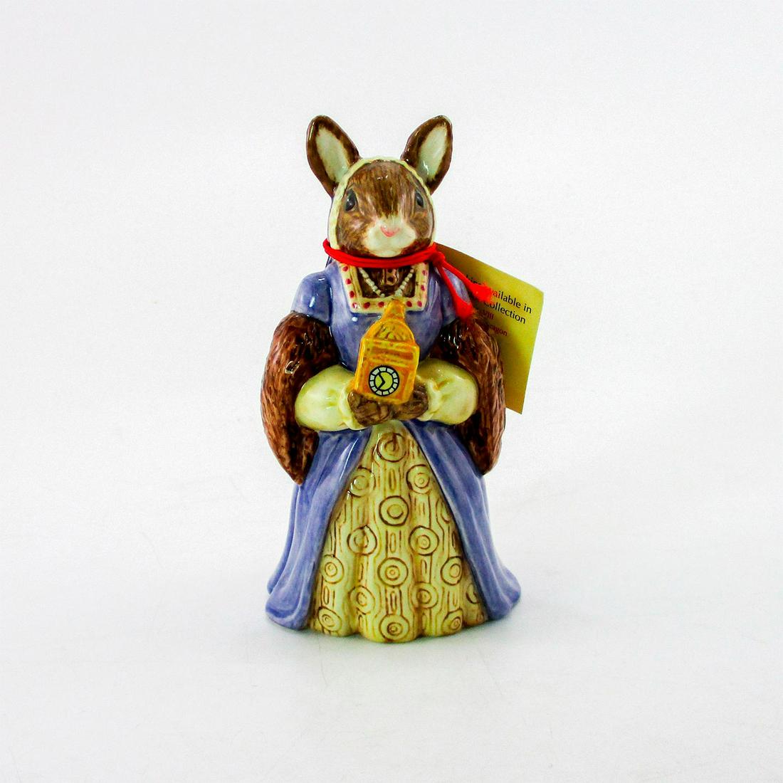 Anne Boleyn DB307 - Royal Doulton Bunnykins: The second wife of Henry VIII. Purple, yellow, gold, and brown coloration. Bunnykins backstamp. Certificate included. From the Tudor Collection. Artist: C. Dadd Issued: 2003 - 2005 Dimensions: 4.25"H