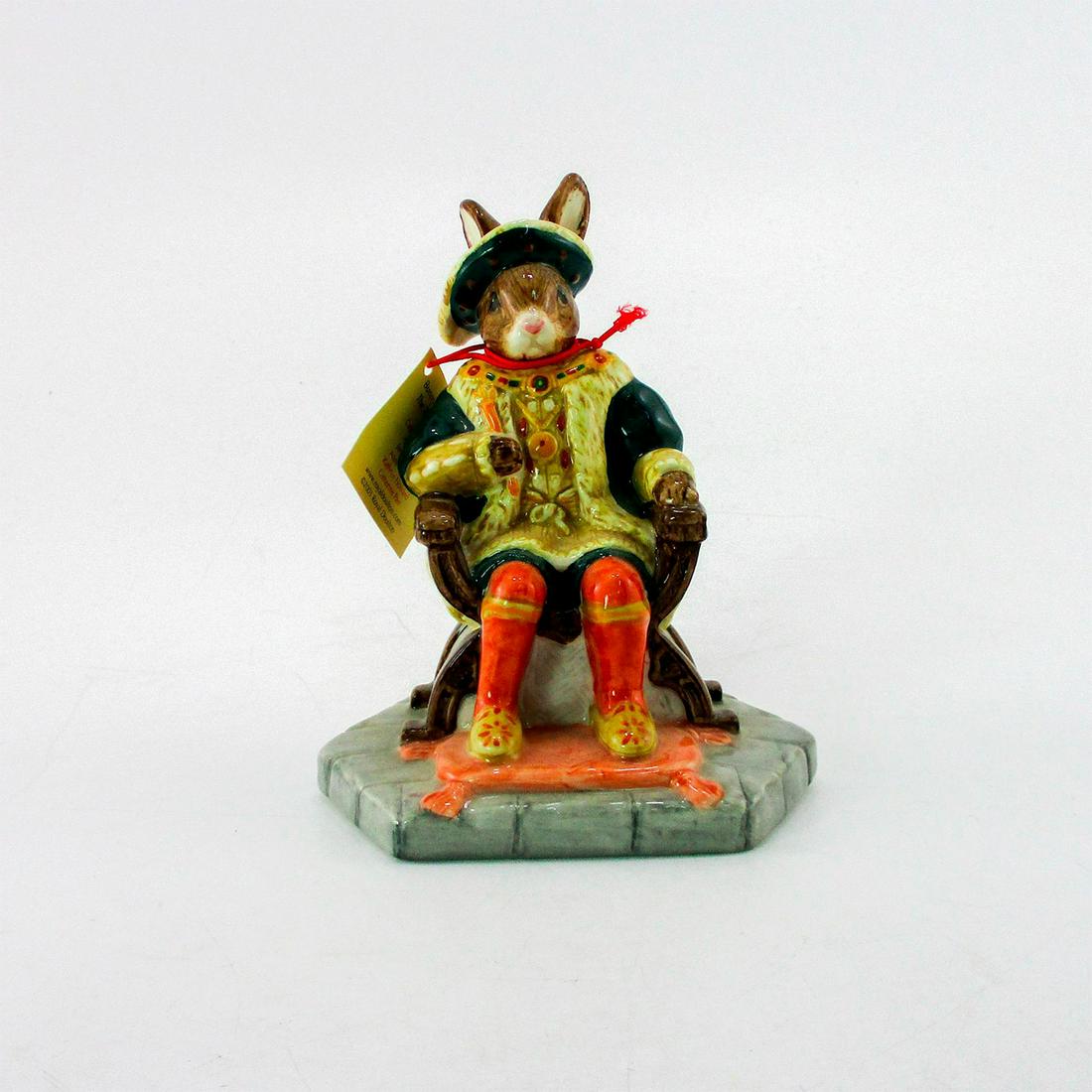 Henry VIII DB305 - Royal Doulton Bunnykins: Green, yellow, orange, red, and brown coloration. Bunnykins backstamp. Certificate included. From the Tudor Collection. Artist: C. Dadd Issued: 2003 - 2005 Dimensions: 4"H Manufacturer: Royal Doulton