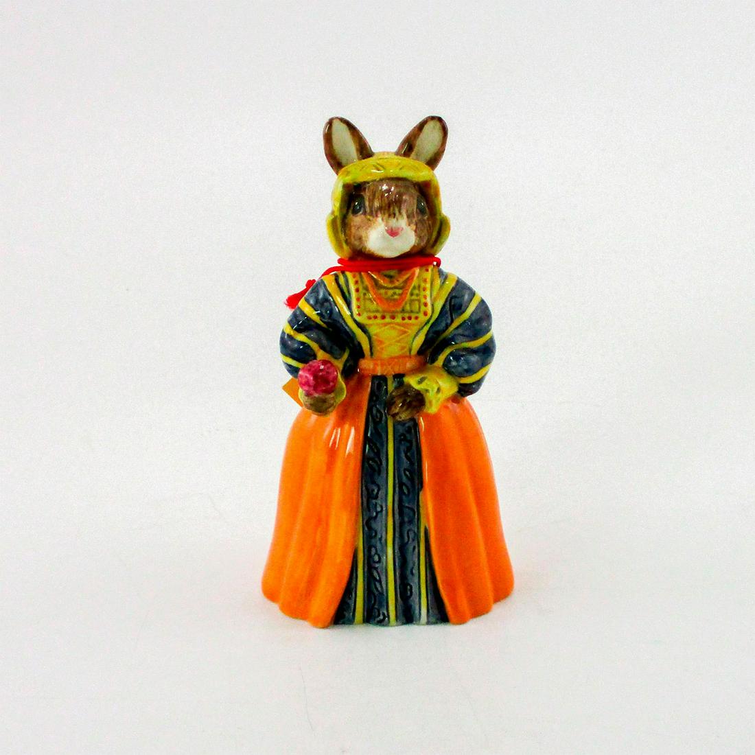Anne of Cleves DB309 - Royal Doulton Bunnykins: The fourth wife of Henry VIII. Orange, black, yellow, red, and gold coloration. Bunnykins backstamp. Certificate included. From the Tudor Collection. Artist: C. Dadd Issued: 2003 - 2005 Dimensions: 4.