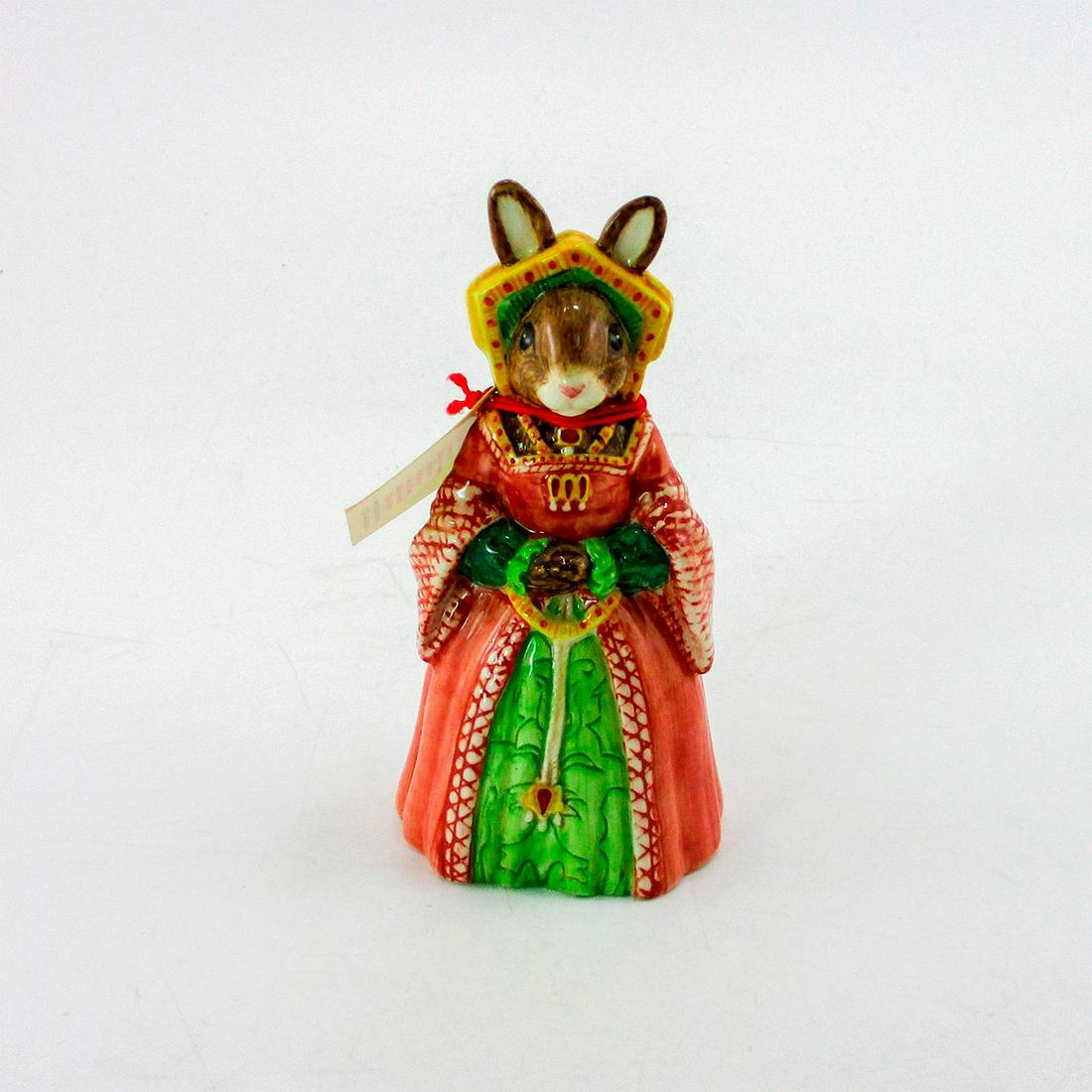 Jane Seymour DB308 - Royal Doulton Bunnykins: The third wife of Henry VIII. Red, light and dark green, and gold. Bunnykins backstamp. Certificate included. From the Tudor Collection. Artist: C. Dadd Issued: 2003 - 2005 Dimensions: 4.25"H Manufact