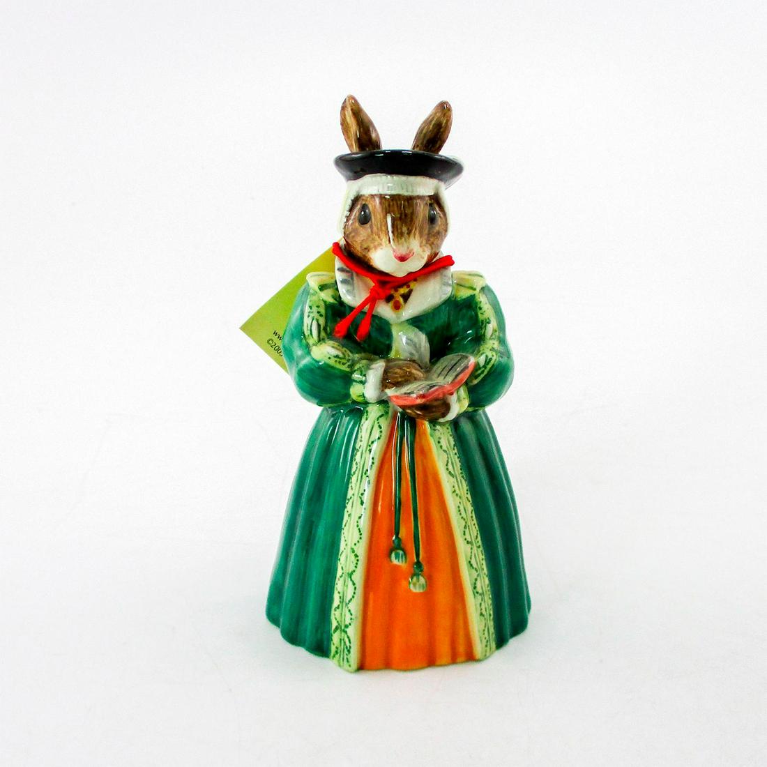 Catherine Parr DB311 - Royal Doulton Bunnykins: Green, orange, white, and black coloration. Bunnykins backstamp. Certificate included. From the Tudor Collection. Artist: C. Dadd Issued: 2003 - 2005 Dimensions: 4.25"H Manufacturer: Royal Doulton Cou