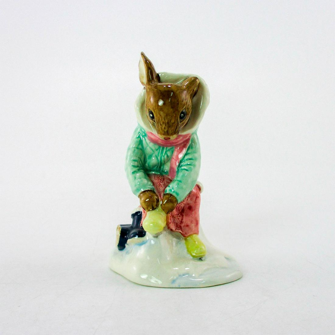 Girl Skater DB153 - Royal Doulton Bunnykins: Green coat with white trim, pink dress, blue boots, yellow skates. Royal Doulton backstamp. Weight: 2.5 oz Artist: G. Tongue Issued: 1995 - 1997 Dimensions: 3.5"H Manufacturer: Royal Doulton Country o