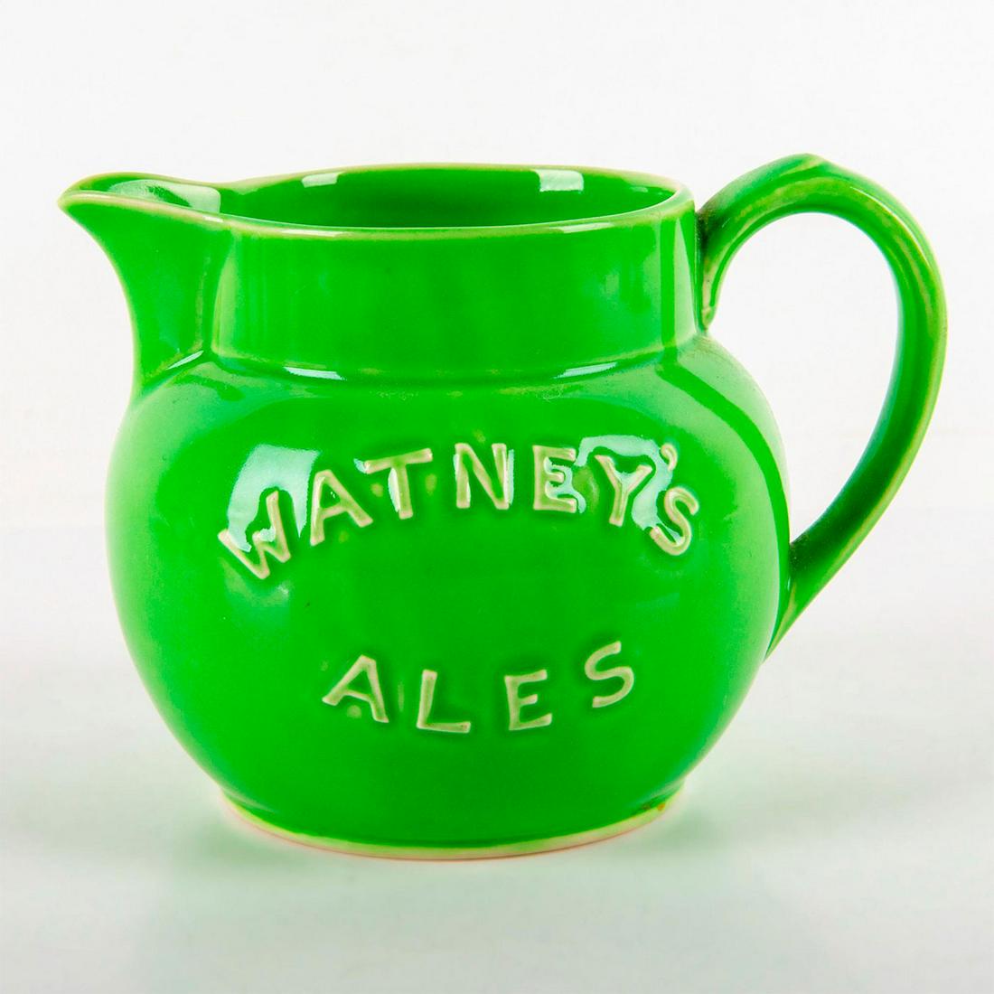 Royal Doulton Watneys Ales Beer Jug: Watney's advertising jug by Doulton. Ceramic; glazed green ground. Royal Doulton England marks to base. #beerjug #ale Issued: 20th c. Dimensions: 4"H Manufacturer: Royal Doulton Country of Origin: