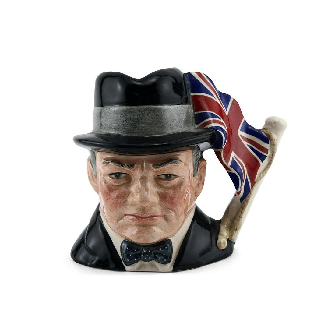Sir Winston Churchill D6849 - Small - Royal Doulton: Royal Doulton Character Jug, Sir Winston Churchill D6849 (black, grey and white coloration). Designed by Stanley J. Taylor. Series: Heroic Leaders, issued 1989 in limited edition of 9,500. Size: 3.25&