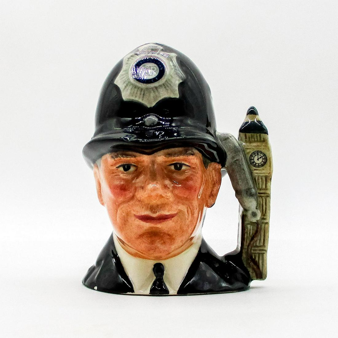 London Bobby D6763 (Non Embossed) - Mini - Royal: Variation Two, black uniform; white and black helmet badge; grey whistle. Series: The London Collection. Royal Doulton backstamp. Chip on the base. Artist: Stanley J. Taylor Issued: 1987 - 1991 Dimens