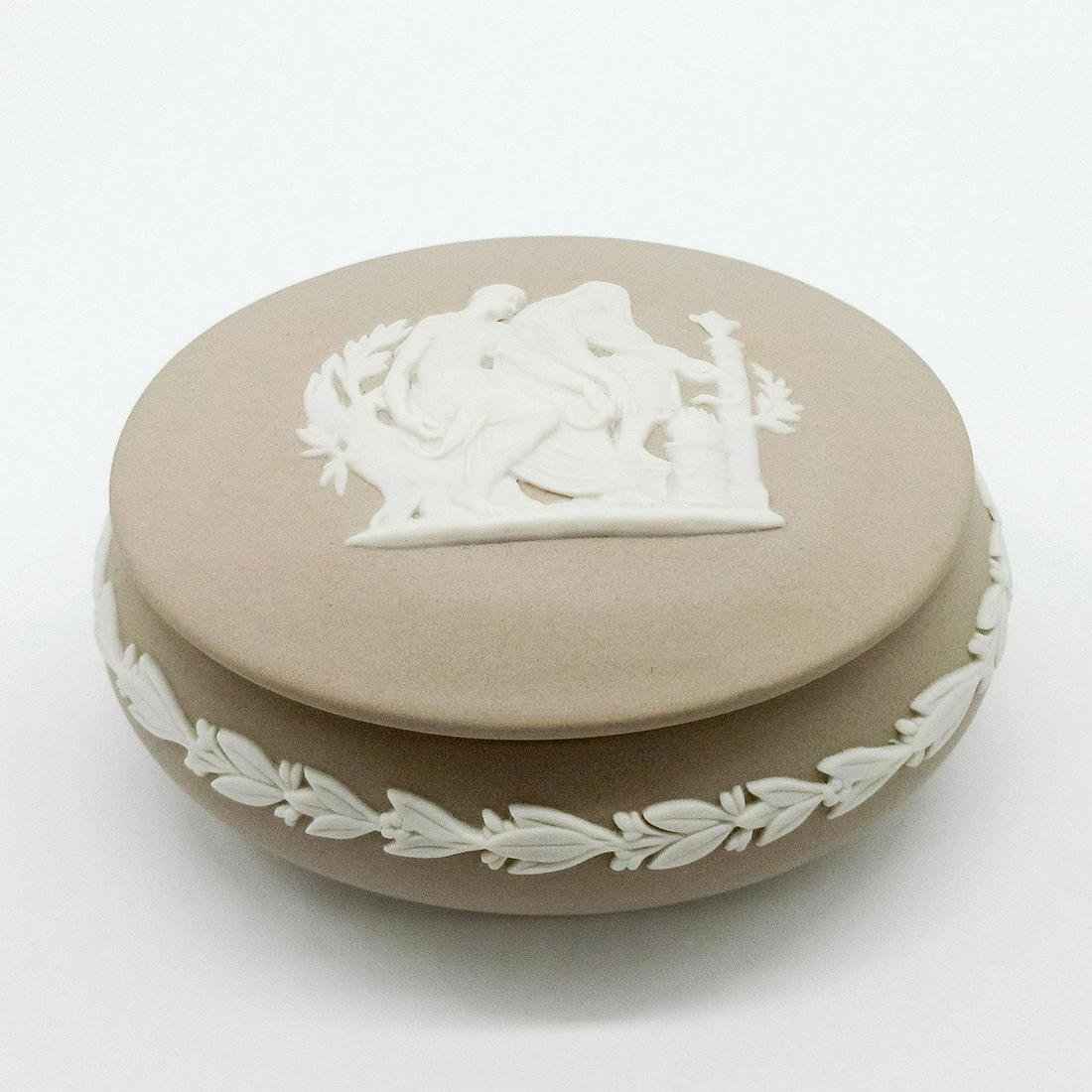 Wedgwood Light Taupe Jasperware, Apollo Box: Light taupe/beige Jasperware oval Apollo box with Neoclassical scene and laurel border in white relief. Impressed Wedgwood backstamp. Weight: 6.3 oz #wedgwood #jasperware Issued: 2007 - 2009 Dimension