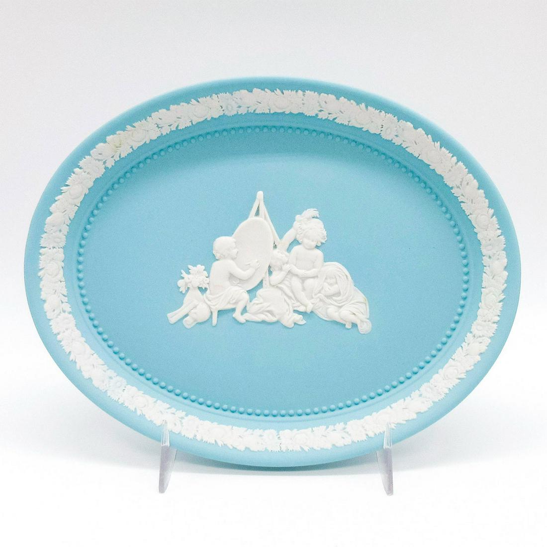 Wedgwood Dark Turquoise Jasperware, Infant Academy Tray: Dark turquoise oval Jasperware tray with Neoclassical infant figures in white relief. Impressed Wedgwood backstamp. Minor age-related cracks on relief. #wedgwood #jasperware Issued: 2007 - 2014 Dimens